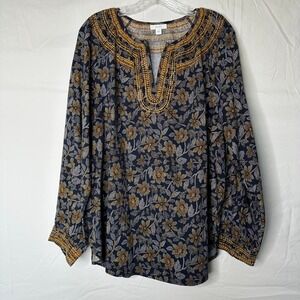 Pure Jill Embroidered Floral Tunic Top Navy Blue Mustard Cotton Blend Large